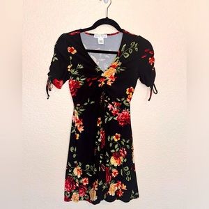 Planet Gold EUC black floral mini dress.